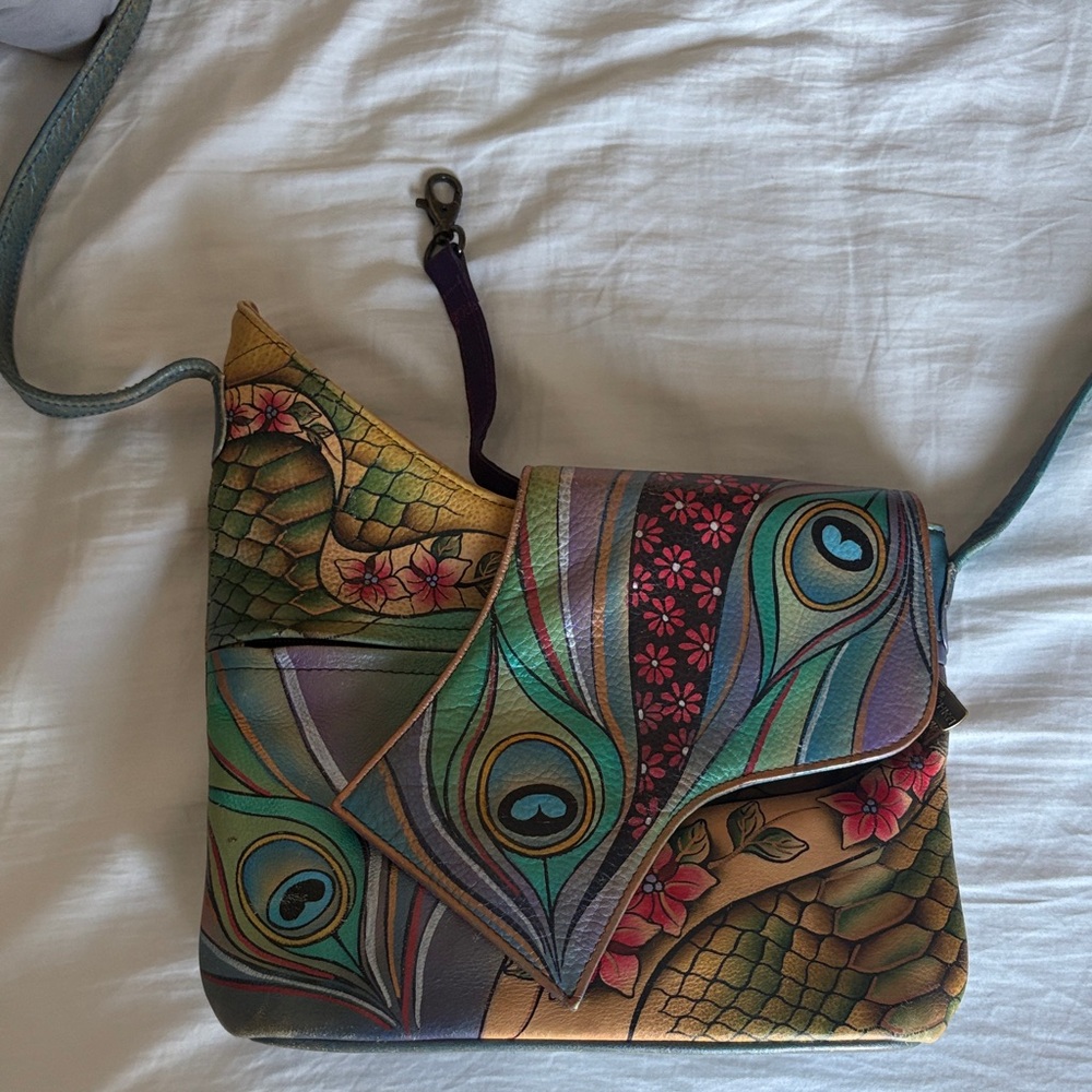 Anuschka Artistic Peacock and Floral Crossbody Bag